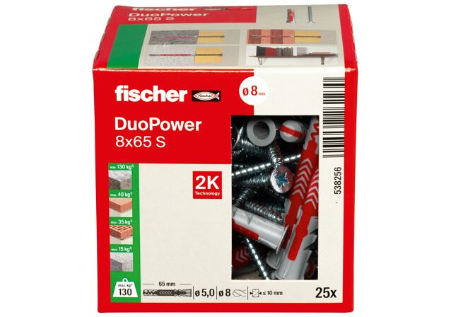 Συσκευασία: "fischer DuoPower 8x65 S Νάιλον βύσμα με βίδα"