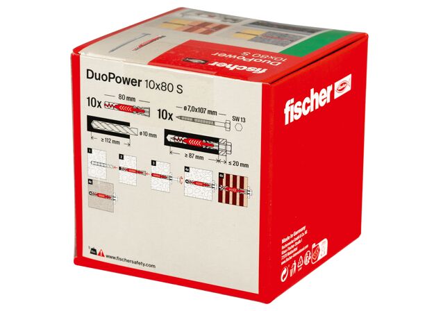 Packaging: "Cheville bi-matière DuoPower 10 x 80 S avec vis, boîte à fenêtre"