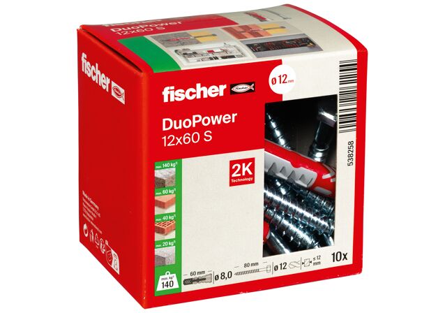 Packaging: "Cheville bi-matière DuoPower 12 x 60 S avec vis, boîte à fenêtre"