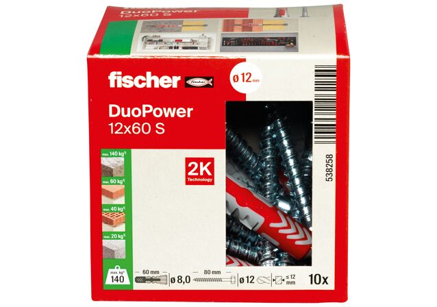 Cheville + Vis Duopower bi-matière 12 x 60 mm Fischer, x10