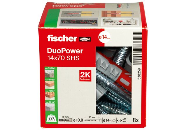 Packaging: "Cheville bi-matière DuoPower 14 x 70 S avec vis, boîte à fenêtre"