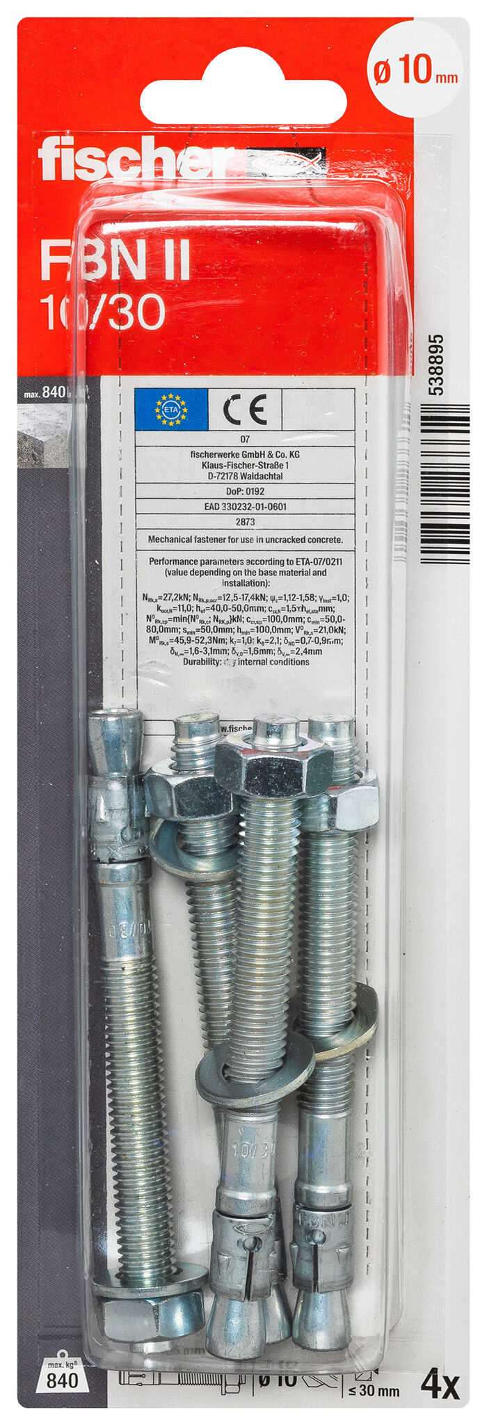 Fischer 045269 Bolzenanker FBN II 12/160 (12X256) 20 Stück