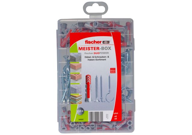Verpackung: "fischer Meister-Box DuoPower + Schraube + Haken (133 Teile)"