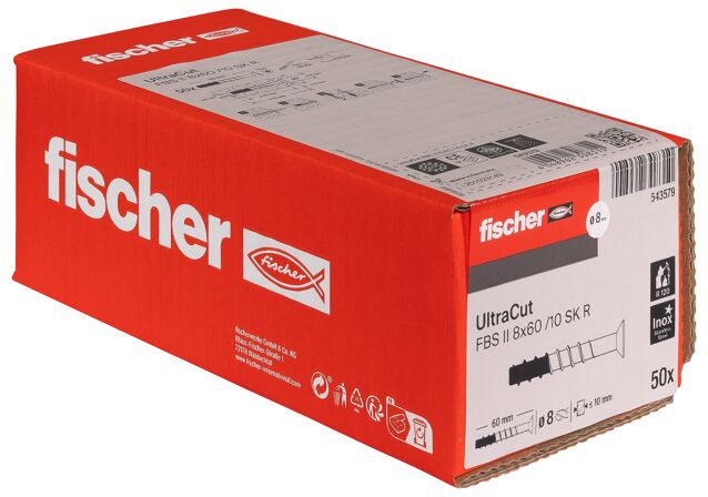 Emballasje: "fischer Betongskrue UltraCut FBS II 8 x 60 10/- SK A4 med senkhode (NOBB 55364623)"