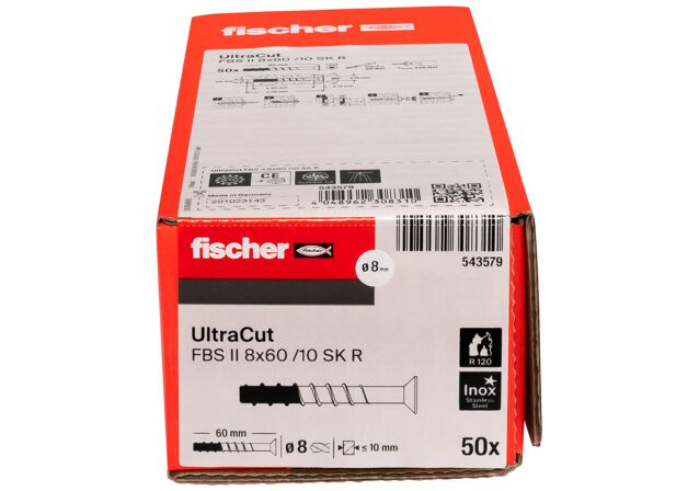 Packaging: "Vis à béton UltraCut FBS II 8x60 10/- SK A4 à tête fraisée et empreinte TX"