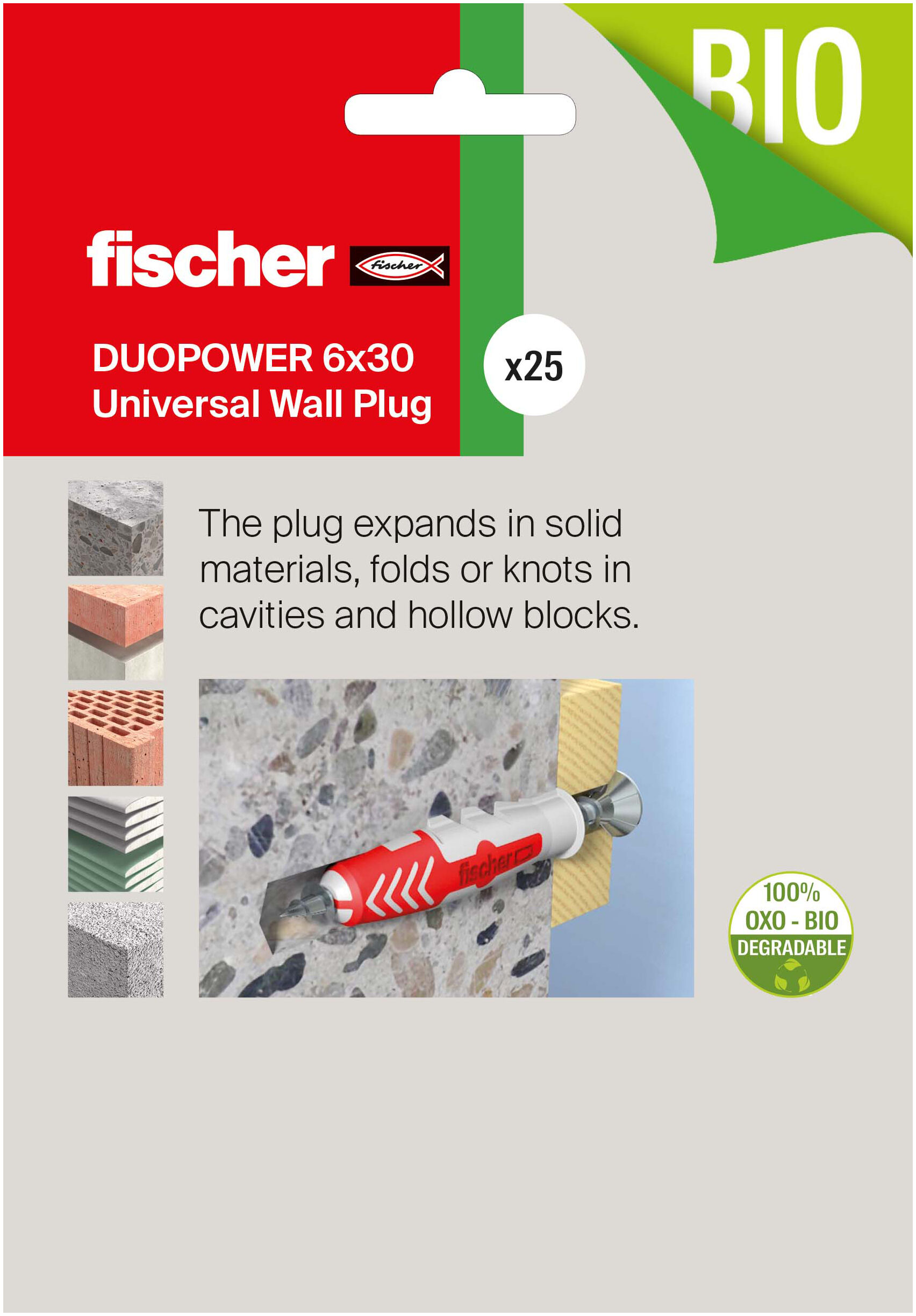 Packaging: "fischer DuoPower 6 x 30 Universal Wall Plug"