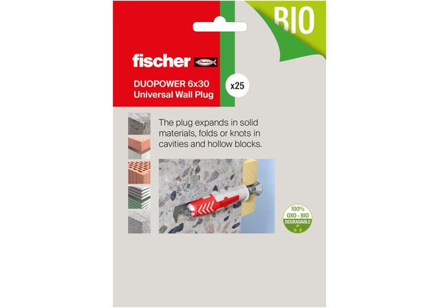 Packaging: "fischer DuoPower 6 x 30 Universal Wall Plug"