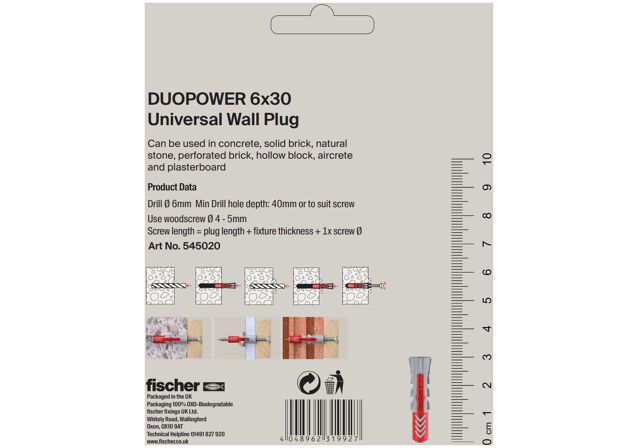 Packaging: "fischer DuoPower 6 x 30 Universal Wall Plug"