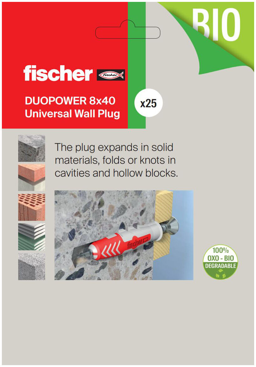Packaging: "fischer DuoPower 8 x 40 Universal Wall Plug"