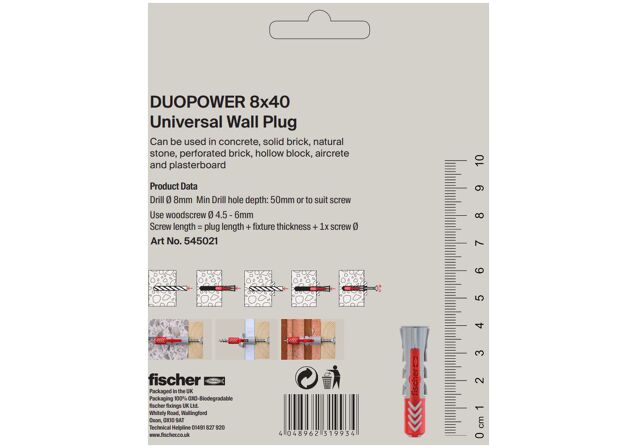 Packaging: "fischer DuoPower 8 x 40 Universal Wall Plug"