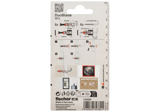 Packaging: "Cheville autoforeuse pour plaques de carton plâtre fischer DuoBlade WH K NV avec crochets droits"