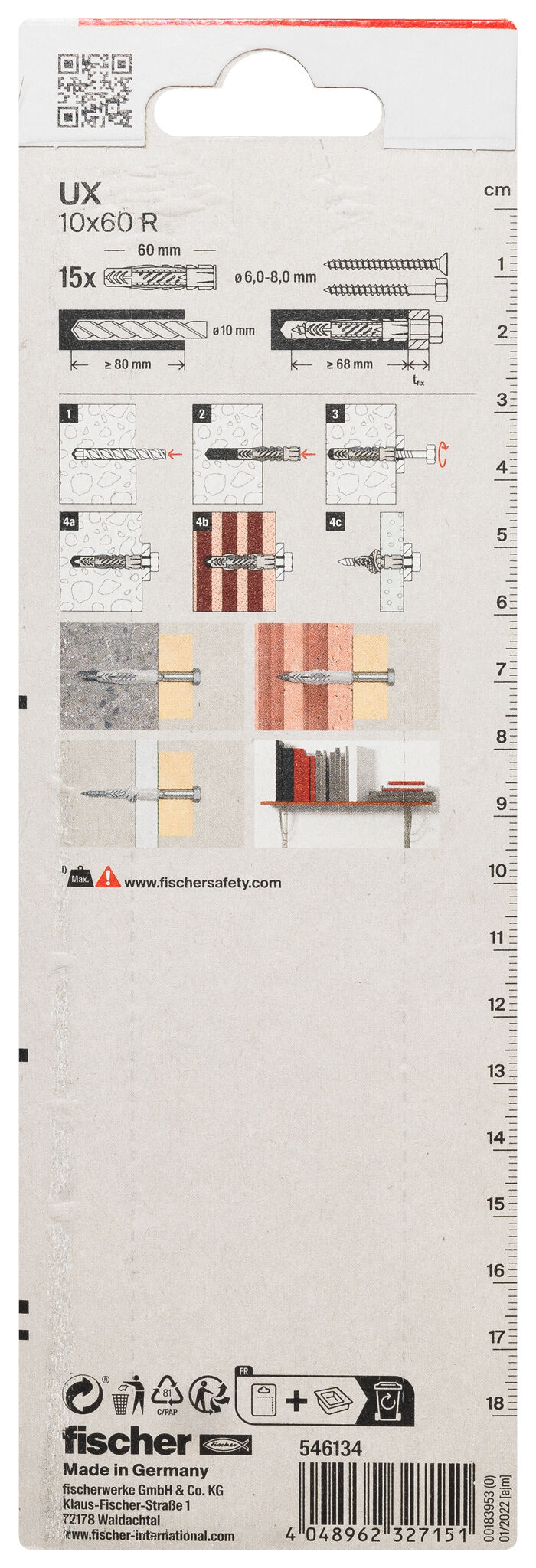 Packaging: "fischer Universal plug UX 10 x 60 R with rim"