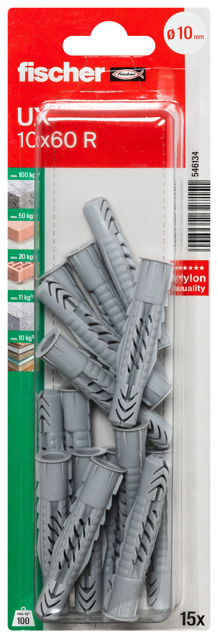 Packaging: "fischer Universal plug UX 10 x 60 R with rim"