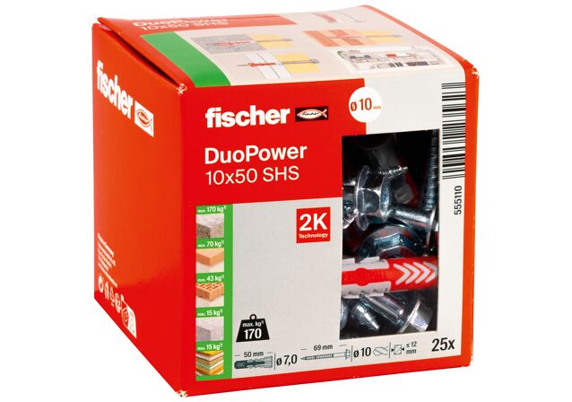 Packaging: "fischer DuoPower 10 x 50 with hexagon head screw"