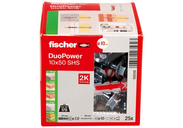 Emballasje: "fischer DuoPower universalplugg 10 x 50 S med skrue (NOBB 51557993)"