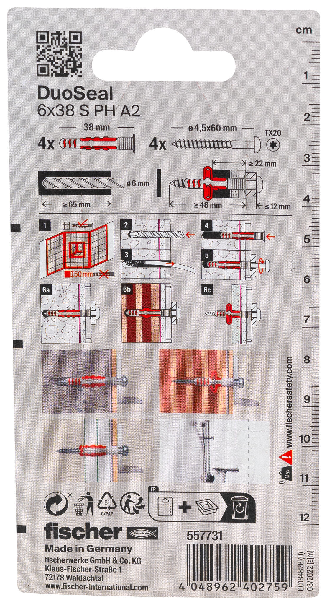 Packaging: "fischer DuoSeal 6 x 38 S PH TX A2 K NV"