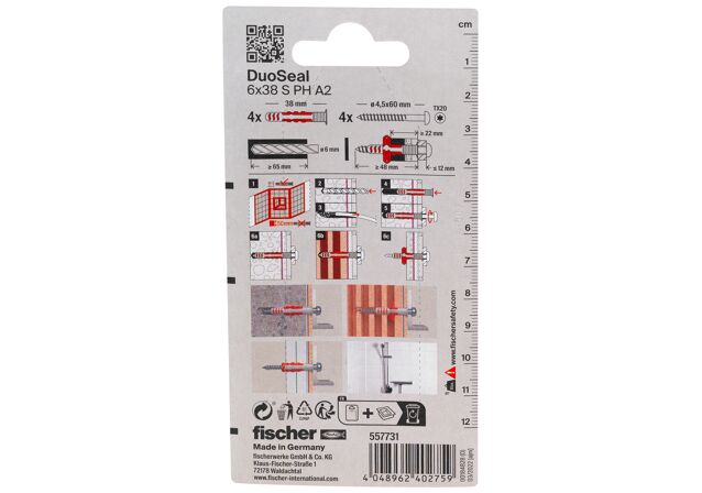Packaging: "fischer DuoSeal 6 x 38 S PH TX A2 K NV,diblu cu șurub A2 etansant"