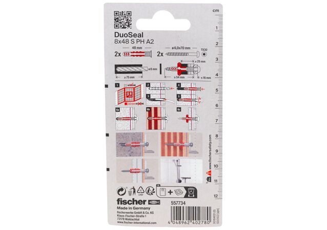 Packaging: "fischer DuoSeal 8 x 48 S PH TX A2 K"