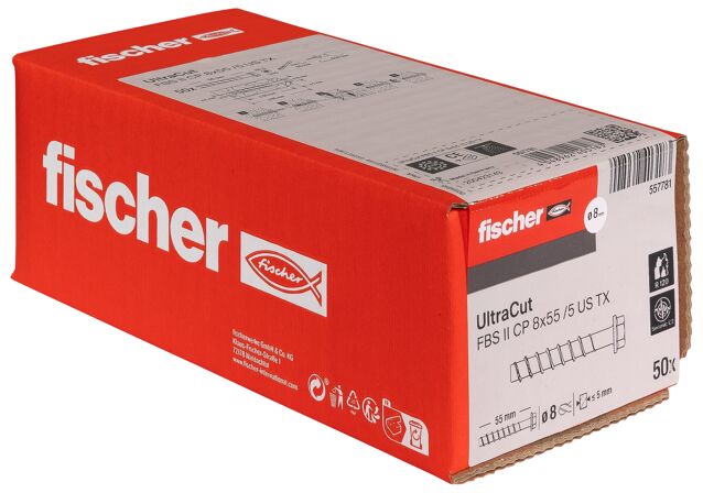 Emballasje: "fischer Betongskrue UltraCut FBS II 8 x 90 25/- SK A4 senkhode (NOBB 54453522)"
