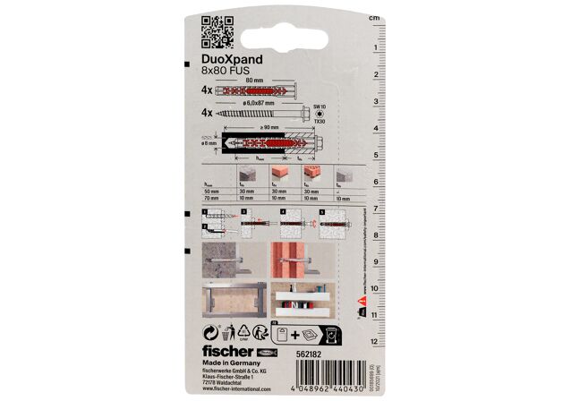 Emballasje: "fischer Fasadeplugg DuoXpand 8 x 80 FUS BK elforsinket (NOBB 60016904)"