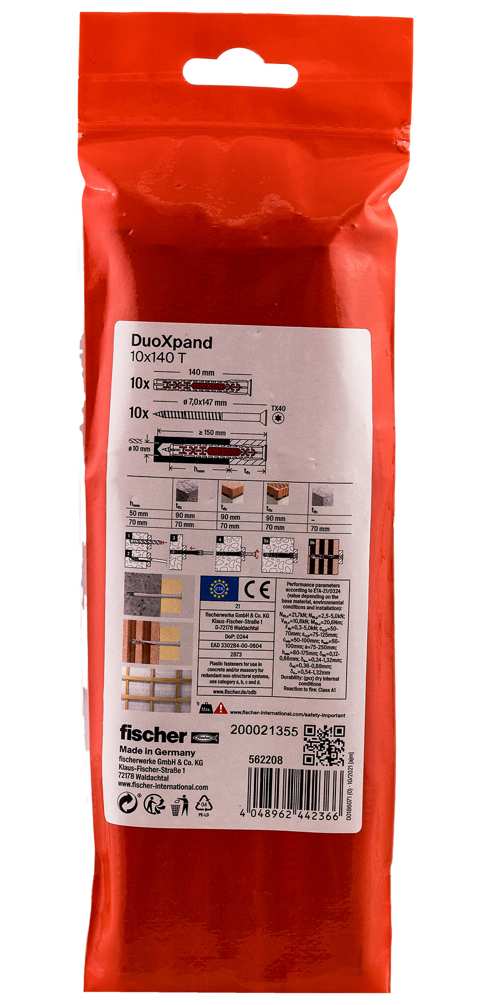 Packaging: "fischer Frame fixing DuoXpand 10 x 140 T zinc-plated steel"