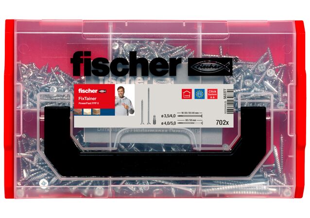 Packaging: "fischer FixTainer Vis PowerFast II Tête fraisée, empreinte PZ, zingué blanc, filetage partiel"