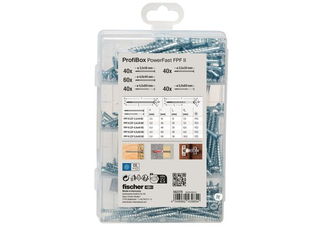 Packaging: "fischer PROFI-BOX PowerFast II Tête fraisée, empreinte PZ, zingué blanc, filetage total"