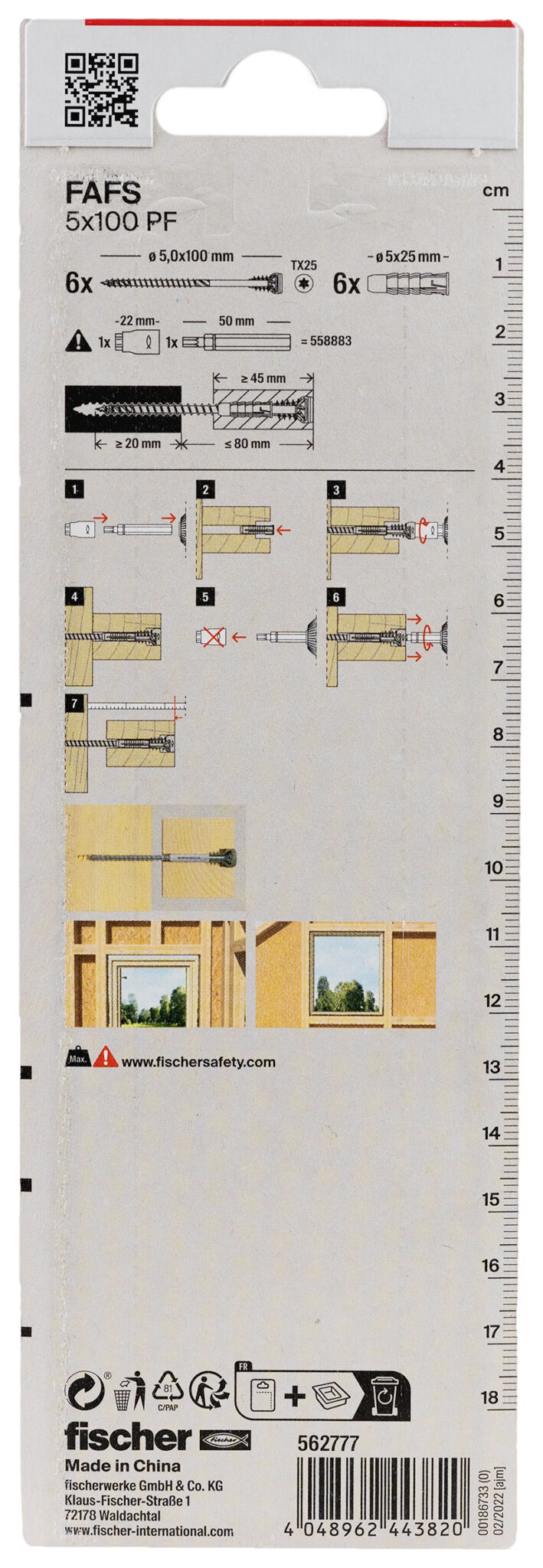 Packaging: "fischer adjustable screw FAFS 5 x 100 TX25 PF K NV for pre-drilled frames"