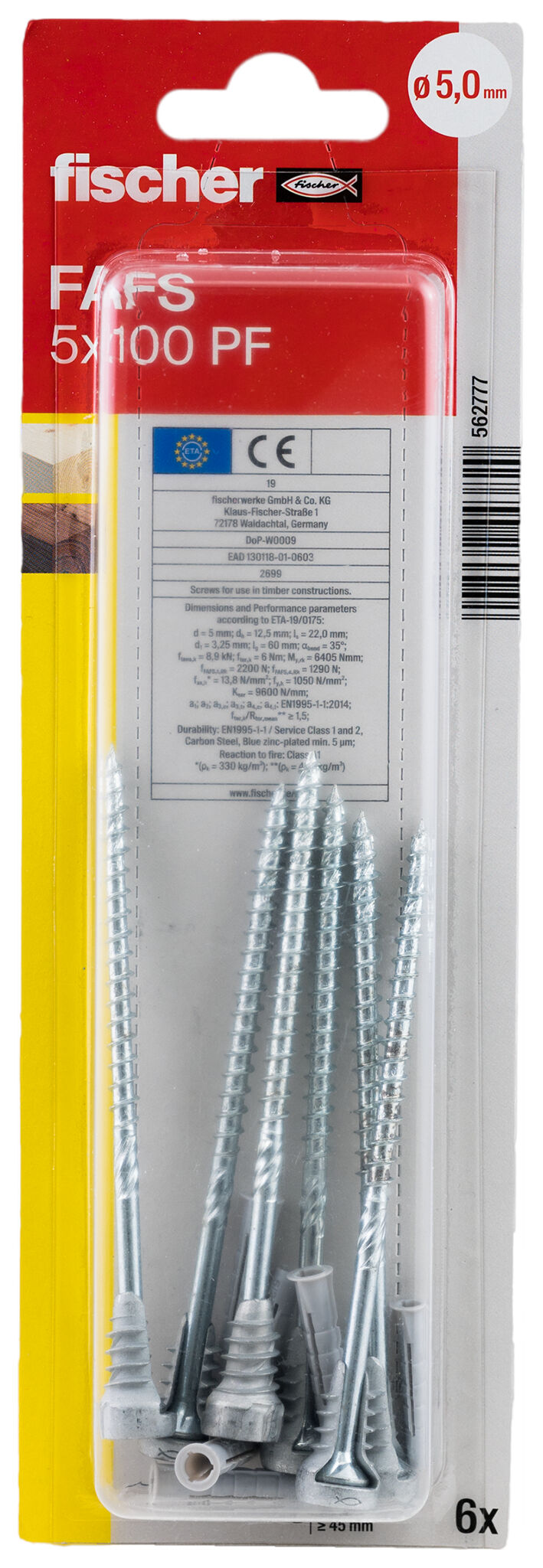 Packaging: "fischer adjustable screw FAFS 5 x 100 TX25 PF K NV for pre-drilled frames"