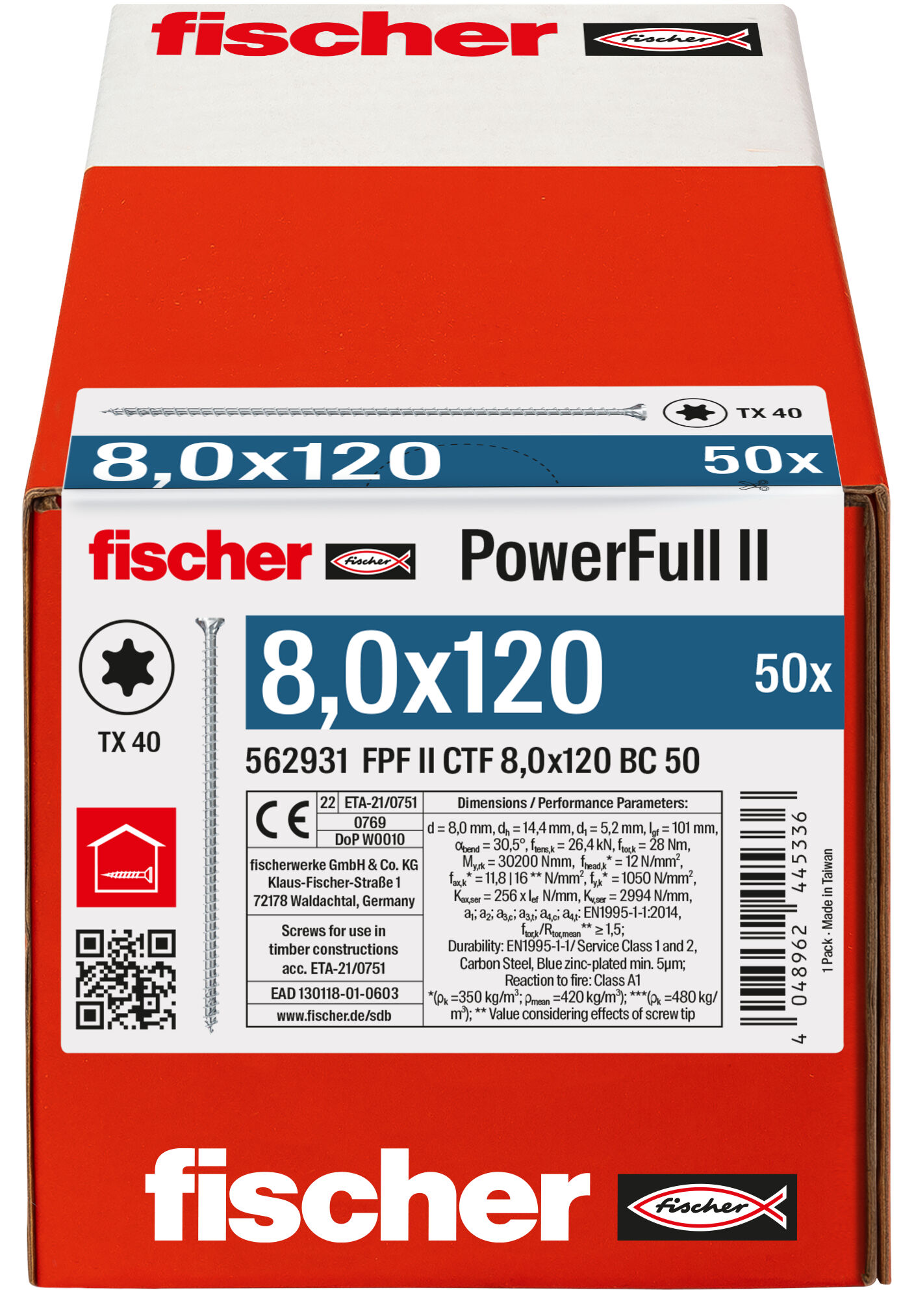 Packaging: "fischer Full thread screw PowerFull II CTF 8.0 x 120 BC 50 countersunk head TX star recess full thread blue zinc plated"