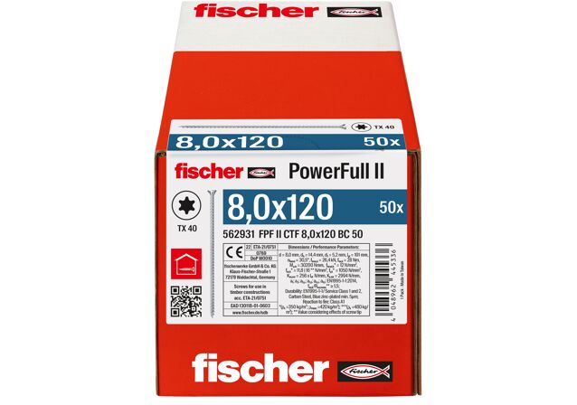 Packaging: "fischer täyskierreruuvi PowerFull II CTF 8,0x120 BC 50 uppokanta TX ristipää täyskierre sininen sinkitty"