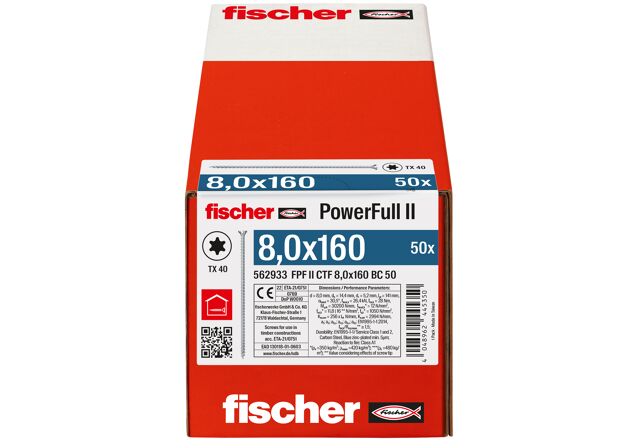 Packaging: "fischer Full thread screw PowerFull II CTF 8.0 x 160 BC 50 countersunk head TX star recess full thread blue zinc plated"