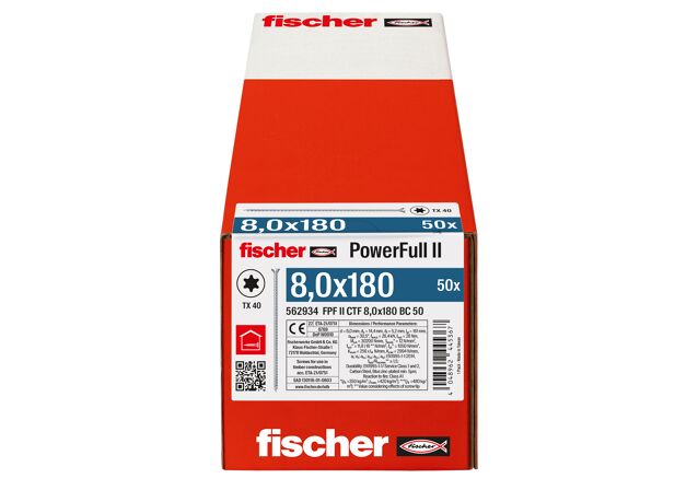 Packaging: "fischer Full thread screw PowerFull II CTF 8.0 x 180 BC 50 countersunk head TX star recess full thread blue zinc plated"