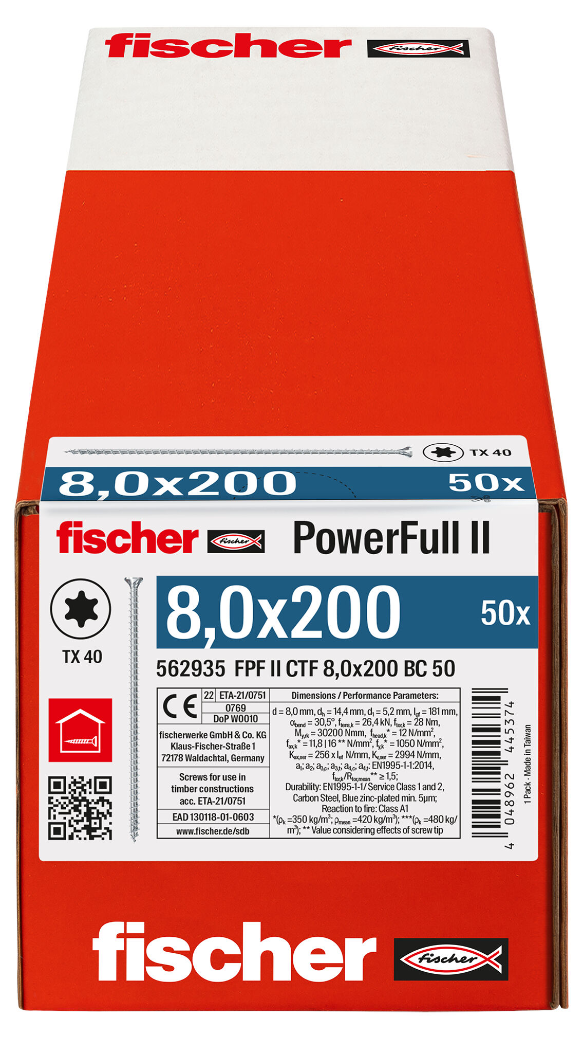 Packaging: "fischer Full thread screw PowerFull II CTF 8.0 x 200 BC 50 countersunk head TX star recess full thread blue zinc plated"