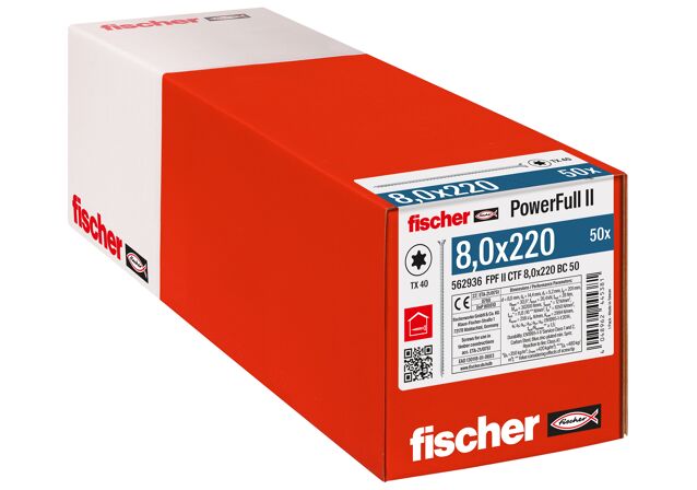 Packaging: "fischer täyskierreruuvi PowerFull II CTF 8,0x220 BC 50 uppokanta TX ristipää täyskierre sininen sinkitty"