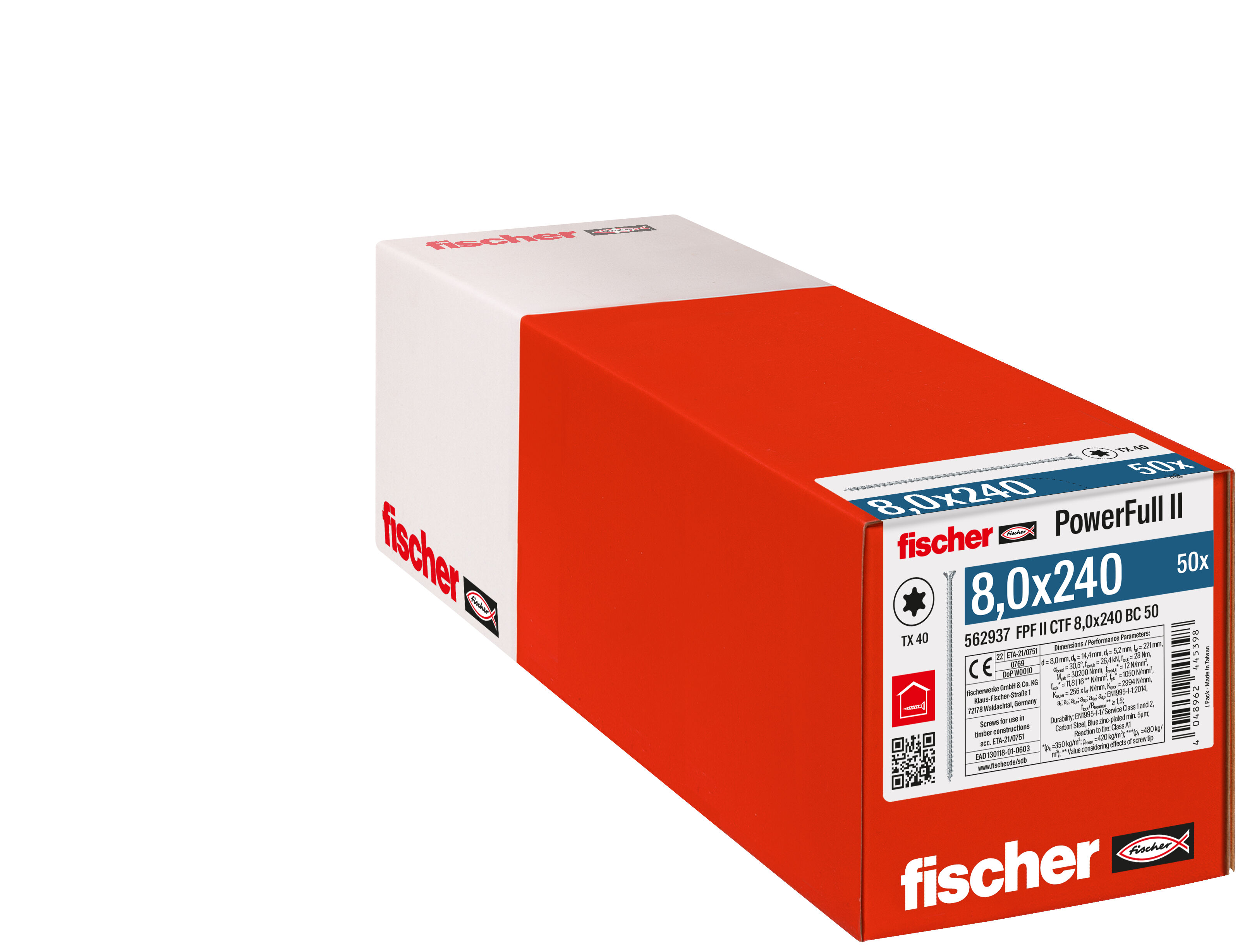 Packaging: "fischer Full thread screw PowerFull II CTF 8.0 x 240 BC 50 countersunk head TX star recess full thread blue zinc plated"
