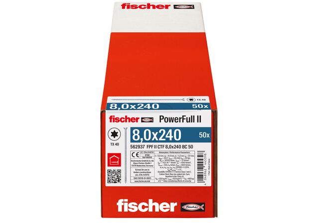 Packaging: "fischer Full thread screw PowerFull II CTF 8.0 x 240 BC 50 countersunk head TX star recess full thread blue zinc plated"