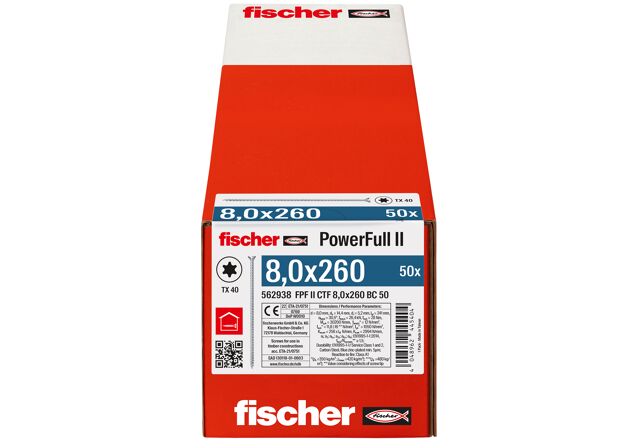 Packaging: "fischer Full thread screw PowerFull II CTF 8.0 x 260 BC 50 countersunk head TX star recess full thread blue zinc plated"