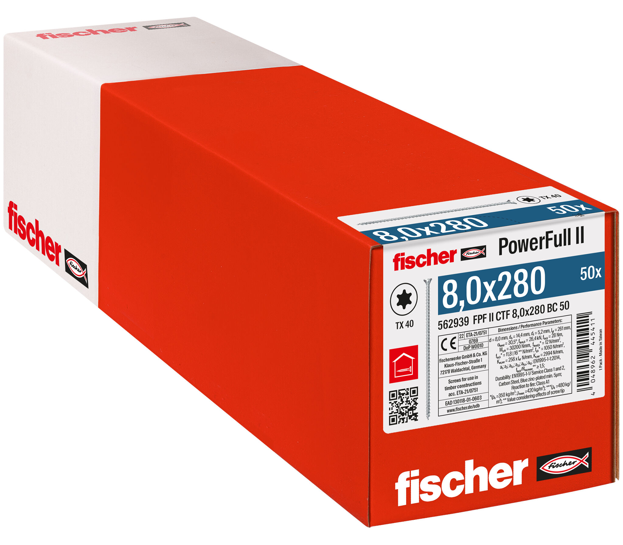 Packaging: "fischer Full thread screw PowerFull II CTF 8.0 x 280 BC 50 countersunk head TX star recess full thread blue zinc plated"