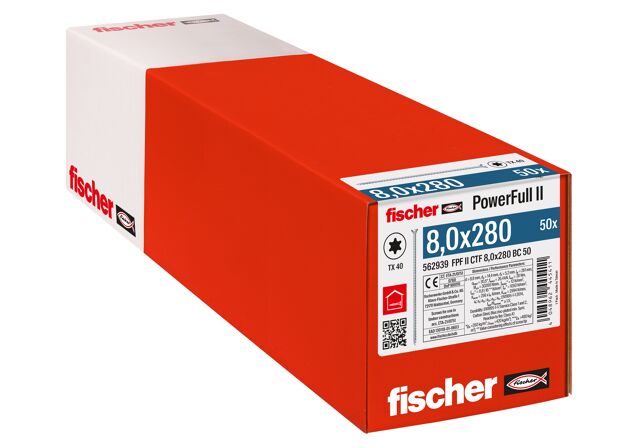 Packaging: "fischer täyskierreruuvi PowerFull II CTF 8,0x280 BC 50 uppokanta TX ristipää täyskierre sininen sinkitty"