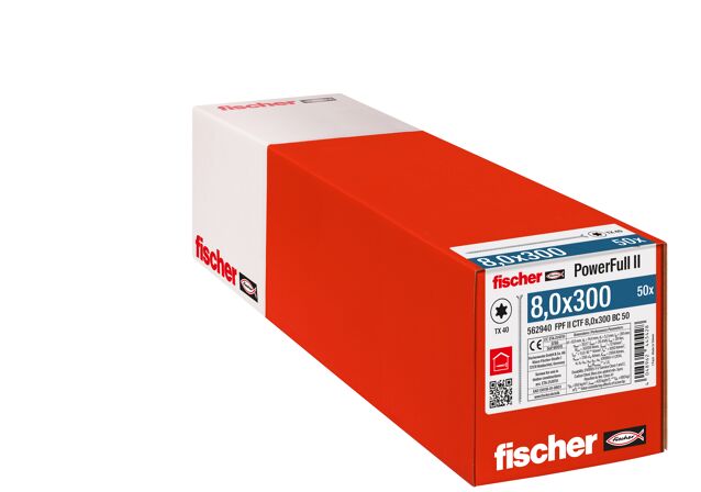 Packaging: "fischer täyskierreruuvi PowerFull II CTF 8,0x300 BC 50 uppokanta TX ristipää täyskierre sininen sinkitty"