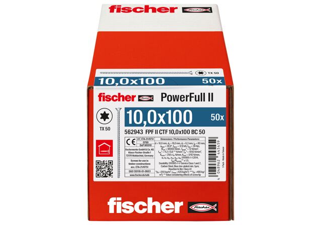 Packaging: "fischer Full thread screw PowerFull II CTF 10.0 x 100 BC 50 countersunk head TX star recess full thread blue zinc plated"