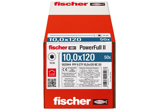 Packaging: "fischer Full thread screw PowerFull II CTF 10.0 x 120 BC 50 countersunk head TX star recess full thread blue zinc plated"