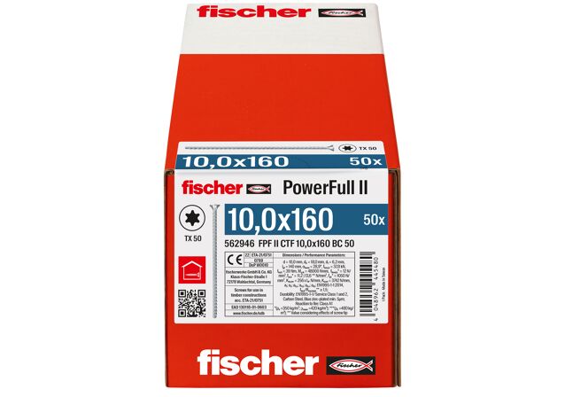 Packaging: "fischer täyskierreruuvi PowerFull II CTF 10,0x160 BC 50 uppokanta TX ristipää täyskierre sininen sinkitty"