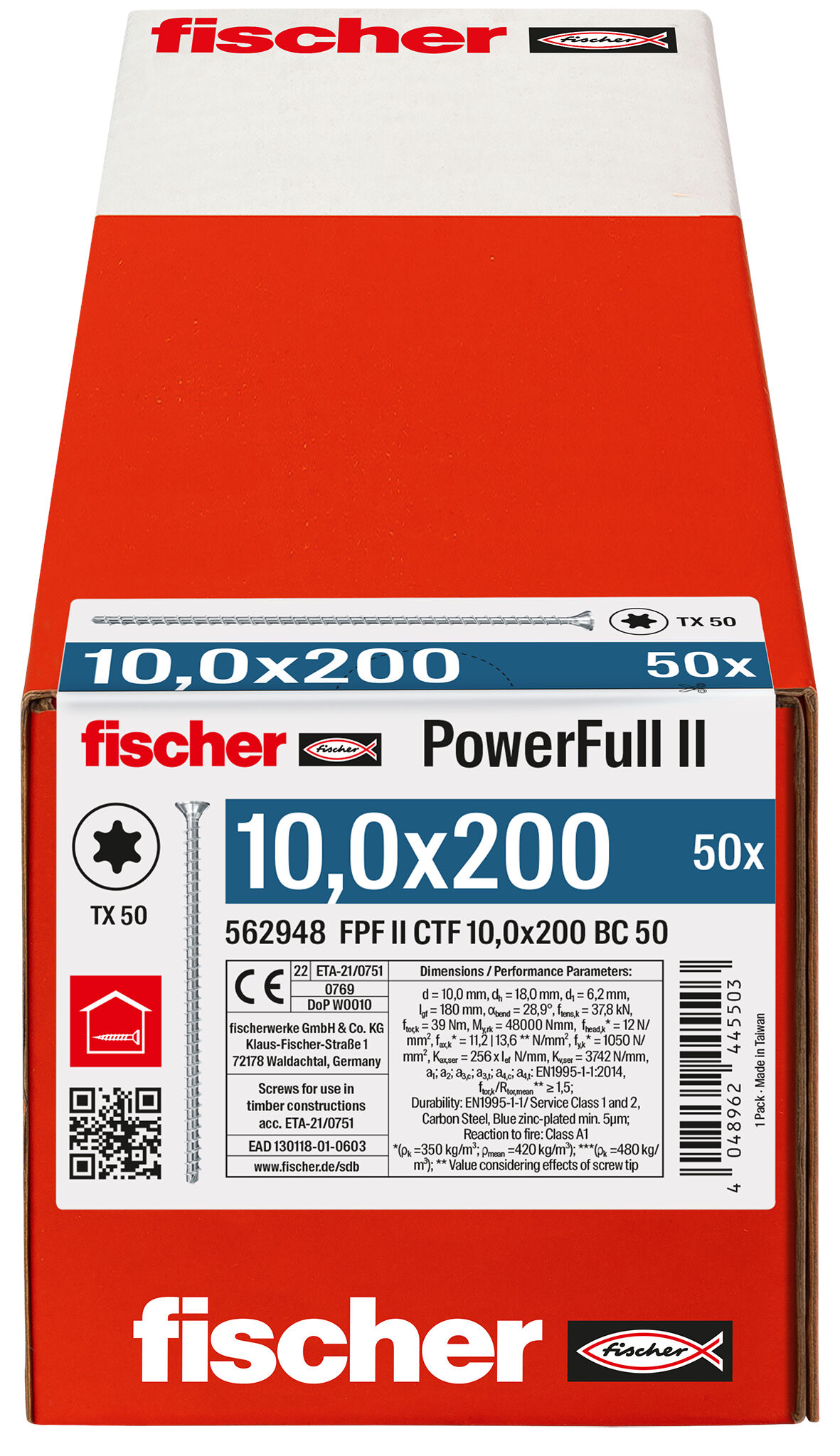 Packaging: "fischer Full thread screw PowerFull II CTF 10.0 x 200 BC 50 countersunk head TX star recess full thread blue zinc plated"