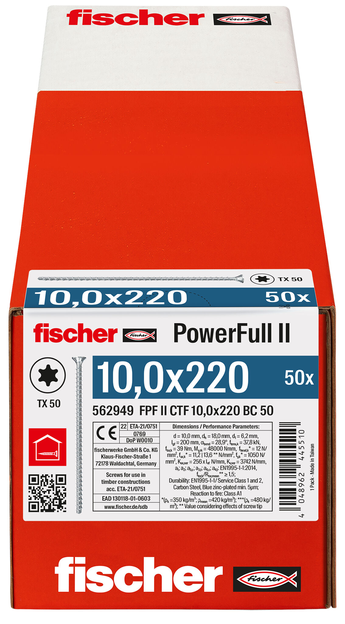 Packaging: "fischer Full thread screw PowerFull II CTF 10.0 x 220 BC 50 countersunk head TX star recess full thread blue zinc plated"