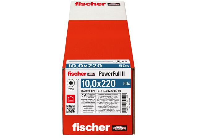 Packaging: "fischer Full thread screw PowerFull II CTF 10.0 x 220 BC 50 countersunk head TX star recess full thread blue zinc plated"