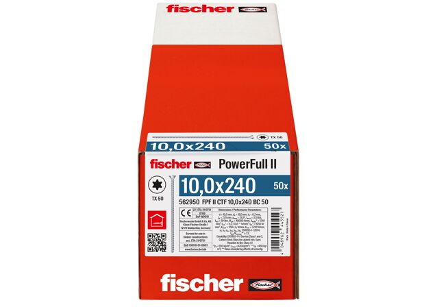 Packaging: "fischer Full thread screw PowerFull II CTF 10.0 x 240 BC 50 countersunk head TX star recess full thread blue zinc plated"