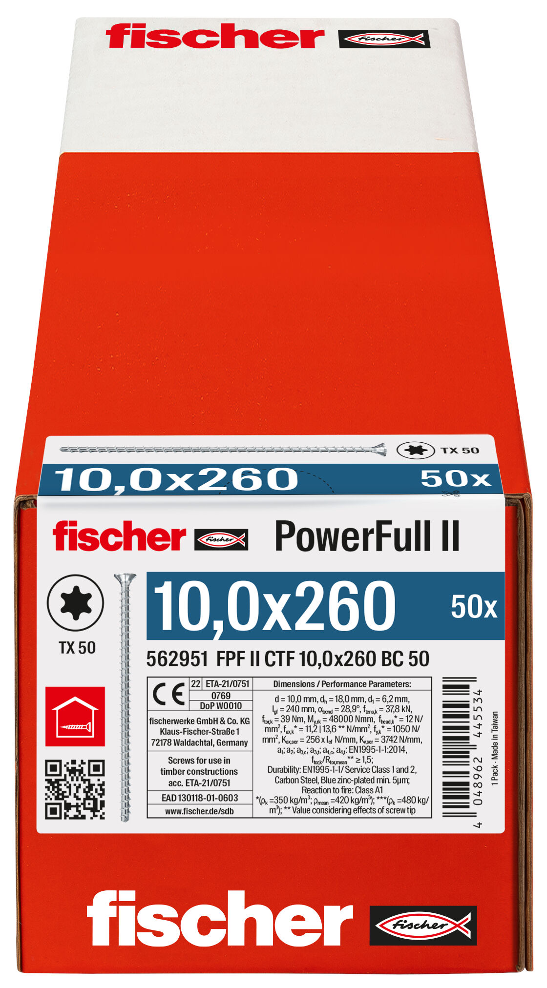 Packaging: "fischer Full thread screw PowerFull II CTF 10.0 x 260 BC 50 countersunk head TX star recess full thread blue zinc plated"