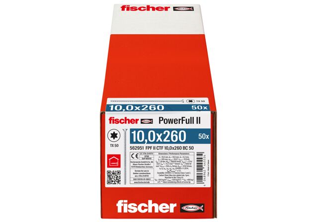 Packaging: "fischer täyskierreruuvi PowerFull II CTF 10,0x260 BC 50 uppokanta TX ristipää täyskierre sininen sinkitty"